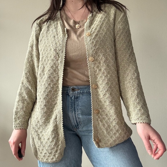 Kate Hill Sweaters - Kate Hill Olive Green Open-Stitch Button Cardigan